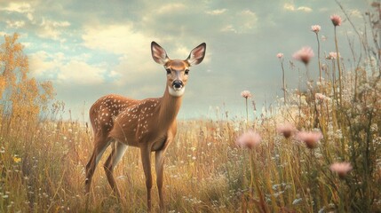 Majestic deer standing in a serene earthy meadow, surrounded by wildflowers and tall grasses, capturing the essence of nature's wildlife