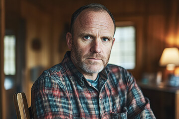 Obraz premium Man in Flannel Shirt Reflects on Life's Journey in Rustic Cabin Setting