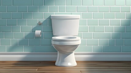 Modern bathroom interior scene featuring white ceramic toilet, mint green tiles, and wooden floor, rendered in 2D vector style with minimalist fixtures and isometric perspective.