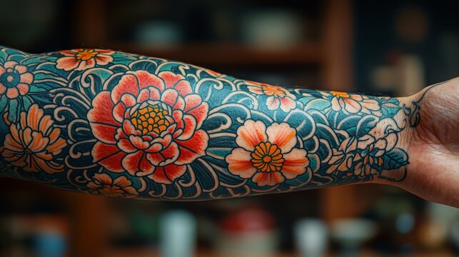 Vibrant Floral Tattoo Art on Forearm with Bold Colors - Powered by Adobe