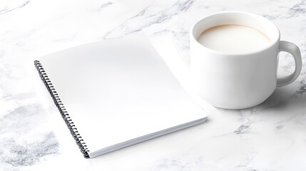 White mug with milk beside a blank spiral notebook on a marble countertop.