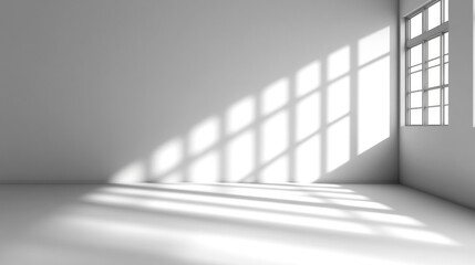 Fototapeta premium Minimalist interior space with sunlight casting shadows on a white wall.
