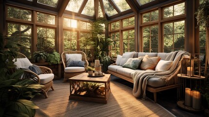 Fototapeta premium A photo of a cozy and inviting sunroom with comfortable setting