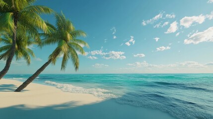 Obraz premium A tropical beach with turquoise waters and palm trees swaying in the breeze