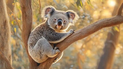 Obraz premium Snuggly Koala: A koala clinging to a simple tree branch against a light background, with a soft expression and fluffy ears.