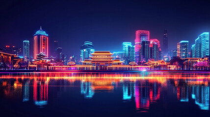 digital and modern building with neon light effects background, modern stylist digital light building with shiny neon light effect, abstract ultra modern light effect of cityscape with buildings.