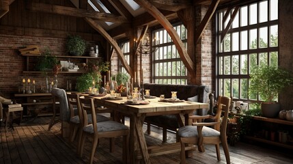 A photo of a cozy and rustic dining room