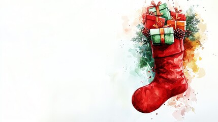 Christmas stocking filled with gifts, painted in red and green watercolor tones, on a white background