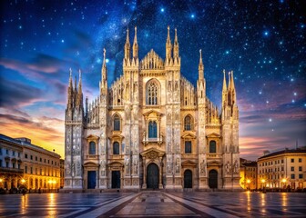 Obraz premium Captivating Low Light Photography of Milan Cathedral Illuminated at Dusk with Stunning Gothic Architecture and Starry Night Sky, Creating a Magical Atmosphere for Visitors.