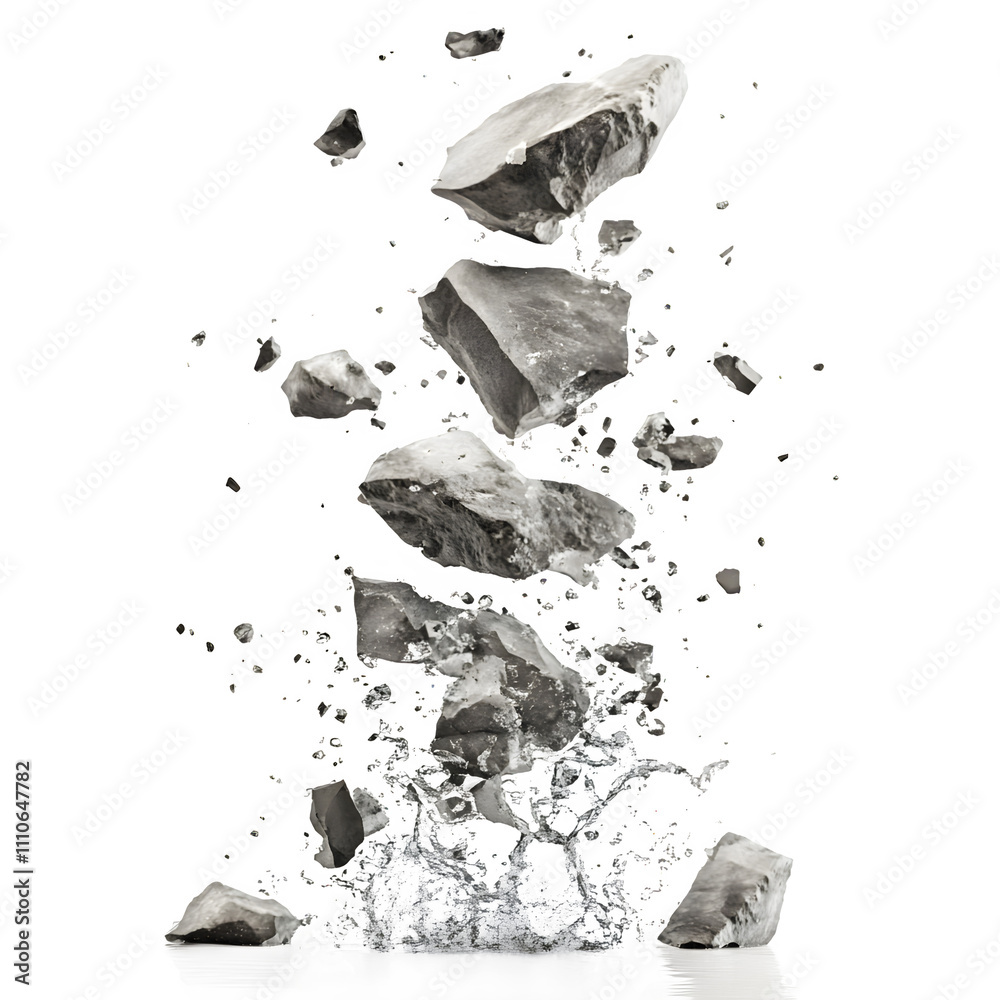 Poster powerful destruction in motion: shattered rocks soaring through the sky against a pristine backdrop