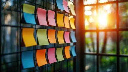 abstract background, multi colors of sticky notes on glass wall in modern office, bokeh morning light.