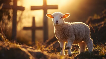 Obraz premium A lamb peacefully standing near the three crosses on Calvary, illuminated by a soft golden light.