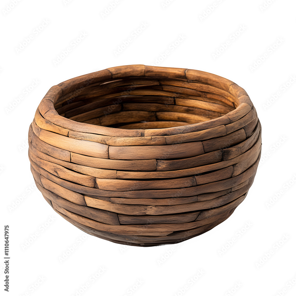 Poster round wicker basket with a natural texture, perfect for home decor or storage, isolated on a transpa