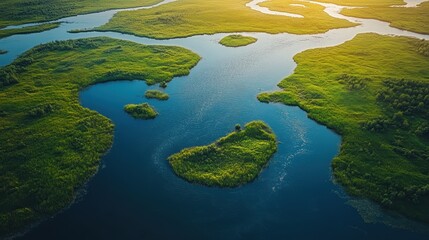 Aerial view of vast green wetlands and winding river channels surrounded by lush vegetation and clear skies on a sunny day in the wilderness.