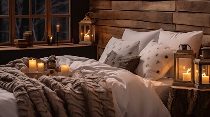 A photo of a cozy bedroom with plush bedding and decoration