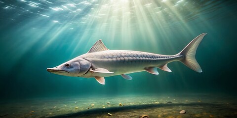 Fototapeta premium Captivating Minimalist Photography of a Beluga Sturgeon Gliding Gracefully Through Serene Waters, Highlighting Its Unique Features and Natural Habitat in a Tranquil Environment