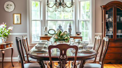 Elegant dining room set for a meal, featuring a chandelier and decorative tableware.