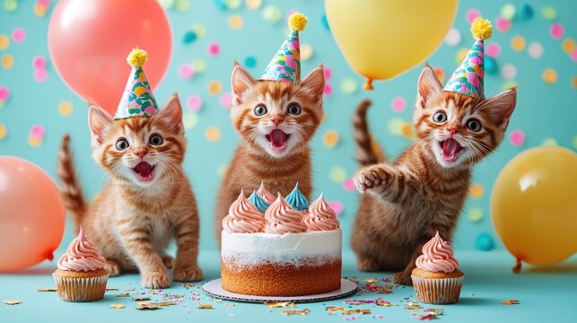 a group of cats wearing a birthday hat, playing with balloons and cupcakes in front of it, a happy facial expression, birthday decorations around, a colorful background.