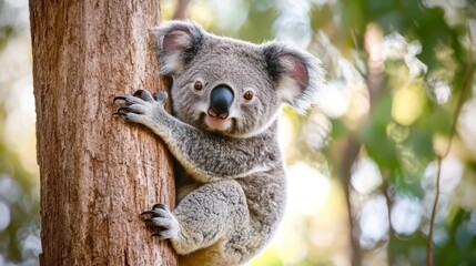 Fototapeta premium Snuggly Koala: A koala clinging to a eucalyptus tree, with a sweet expression and fluffy ears.