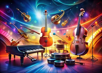 Fototapeta premium Captivating Music Slideshow Presentation with Vibrant Visuals and Dynamic Audio Elements Showcasing Instruments, Notes, and Colorful Backgrounds for Engaging Multimedia Experiences