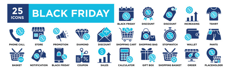 Black Friday icon collection set. Containing design black, friday, illustration, offer, discount	