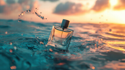 Fragrance bottle partially submerged in shimmering water, creating ripples with soft sunset reflections, [Fragrance campaign], [ocean-inspired fresh scent]