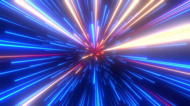 Bright radial light beams. Abstract background in blue and orange neon glow color. Light burst in universe. Space background for event, party, carnival, celebration, anniversary or other. 3D rendering