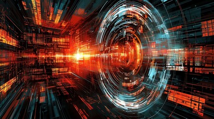 Obraz premium Futuristic digital vortex with vibrant red and blue energy spirals.