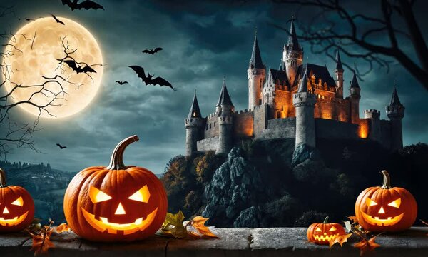 Halloween pumpkin lattern with medieval castle on background