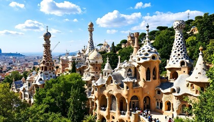 Gaudis sculptural buildings in Park Güell in Barcelona, Spain