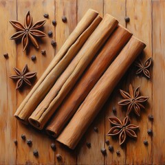 A close-up of cinnamon sticks and star anise on a wooden surface, highlighting spices.