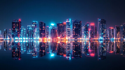 digital and modern building with neon light effects background, modern stylist digital light building with shiny neon light effect, abstract ultra modern light effect of cityscape with buildings.