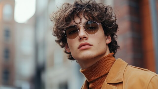 Young Man with Curly Hair Wearing Sunglasses and a Coat