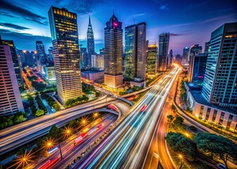 Fototapeta premium Captivating Nighttime Cityscape with Blurred Light Trails of Cars and Illuminated Buildings Captured from Above by Drone Photography for Urban Aesthetics and Nightlife Vibes