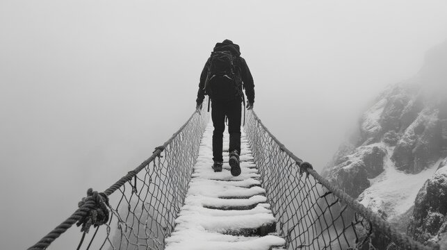 Solo Traveler Crossing Snowy Mountain Bridge