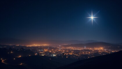 Peaceful View of Bethlehem at Night, Soft Light Glowing from the City and Bright Star Shining in the Starry Dark Sky