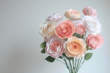 Delicate paper roses in soft pastel tones, arranged in a bouquet with realistic texture and layering, [Paper art], [floral paper arrangement]