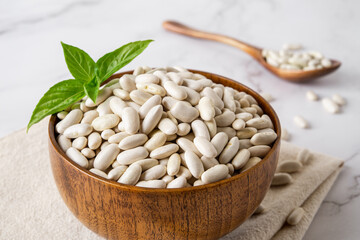 Close-up of white kidney beans in a wooden bowl. Bowl of raw dry white beans prepared for cooking baked beans, bean soup or pie. Plant protein, harvesting concept.
