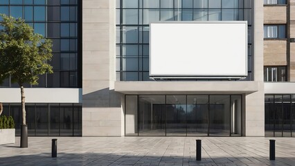 Fototapeta premium Blank white billboard on modern building facade in daylight, mockup for outdoor advertisement, High Resolution