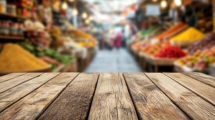 Fototapeta premium Close-up of a rustic wooden table, Indian spice market in the background blurred for depth and vibrancy.