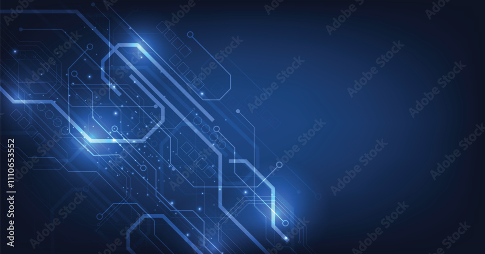 Poster Circuit board blue technology background.Vector abstract technology illustration Circuit board on dark blue background.High-tech circuit board connection system concept.	