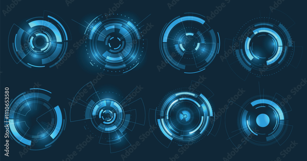 Aufkleber Set of User Interface HUD futuristic style.Abstract circles, geometric shapes, advanced technology segmentation, digital technology on a dark blue background.	