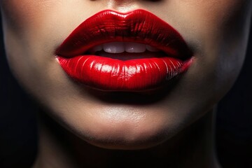 Fototapeta premium Captivating Red Lips Illuminated in Darkness with Dramatic Lighting and Tilt-Shift Photography for a Striking Visual Impact