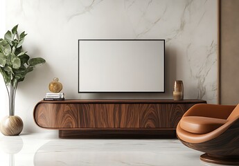 Modern Living Room Decor With Wooden Furniture And Blank Tv Screen