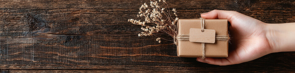 Obraz premium Hand holding a small box with a personalized name tag, rustic wrapping, and dried flowers, [Gift concept], [thoughtful handcrafted gift]