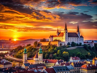 Obraz premium Captivating Silhouette of Bratislava's Iconic Skyline Against a Vibrant Sunset, Showcasing the Unique Architecture and Urban Landscape of Slovakia's Capital City