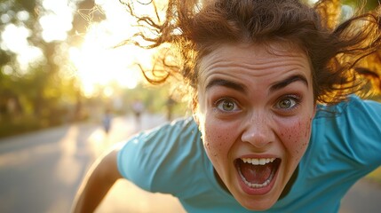 Zoomed-in on an excited woman's eyes and face, sweat on her brow, pure joy as she runs through a sunlit park, [Excited woman running], [capturing emotion in action]