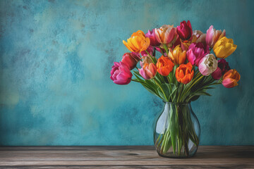 A bouquet in a vase on a wooden table against a turquoise wall background.