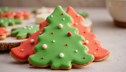 Delightful Christmas tree cookies decorated with colorful icing and festive sprinkles on a winter day