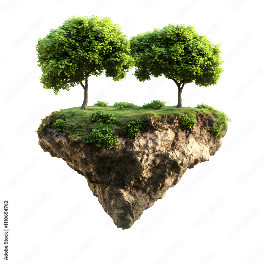 Poster Surreal floating island with two lush trees and green grass, isolated on transparent background, perfect for fantasy or environmental concepts